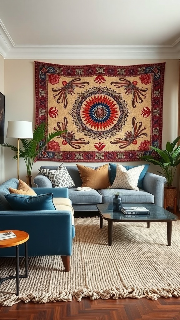 A stylish living room featuring bold textures and fabrics, including a tapestry on the wall, a comfortable sofa with various cushions, and a cozy rug.