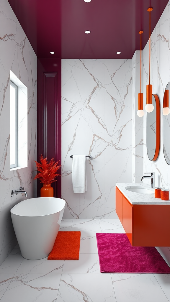 A modern bathroom featuring bold colors with orange and purple accents against white marble.