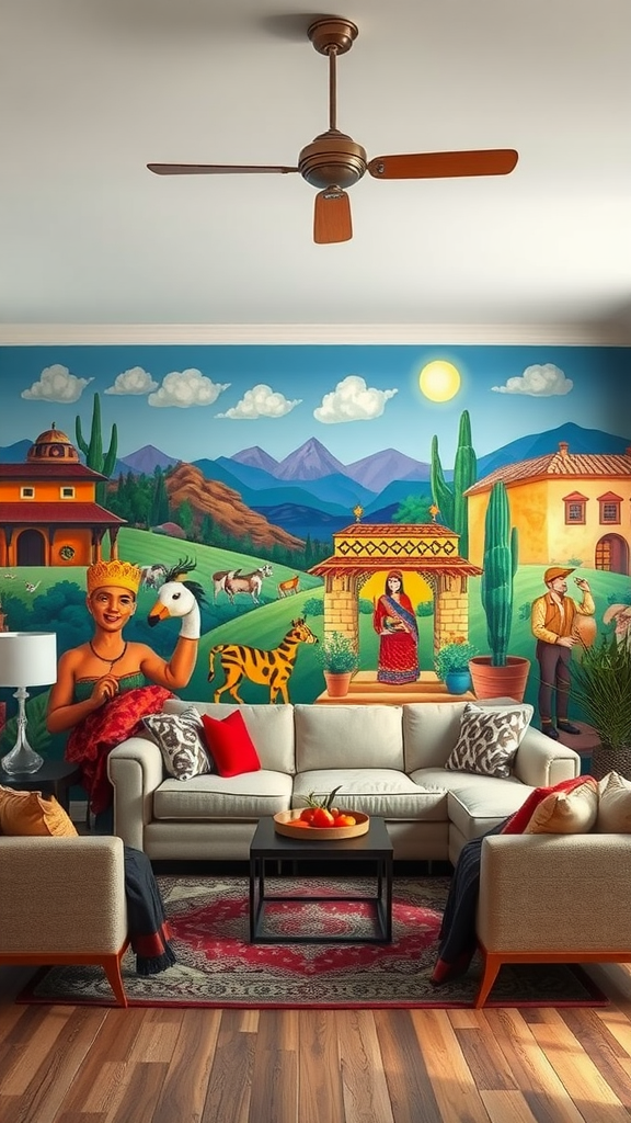 A colorful mural depicting Mexican culture and landscapes on a living room wall.