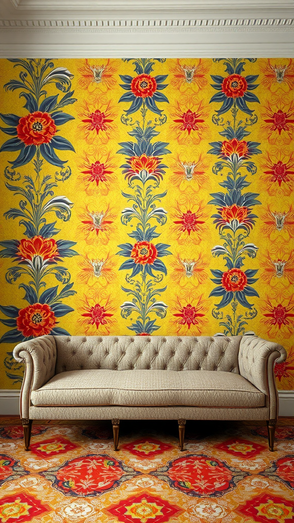 A bold floral wallpaper in bright colors behind a stylish couch.