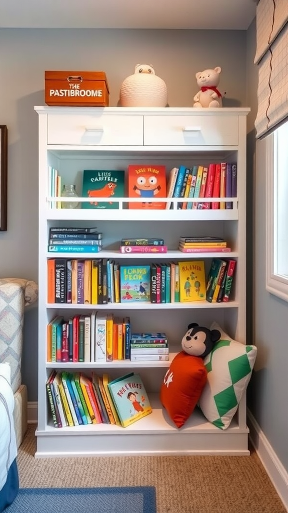 Brightly colored bookshelf filled with children's books and plush toys.