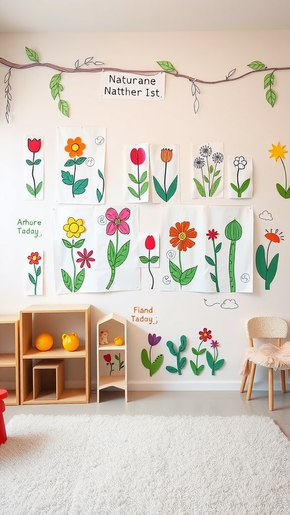 A playroom wall decorated with colorful flower and plant drawings by children.