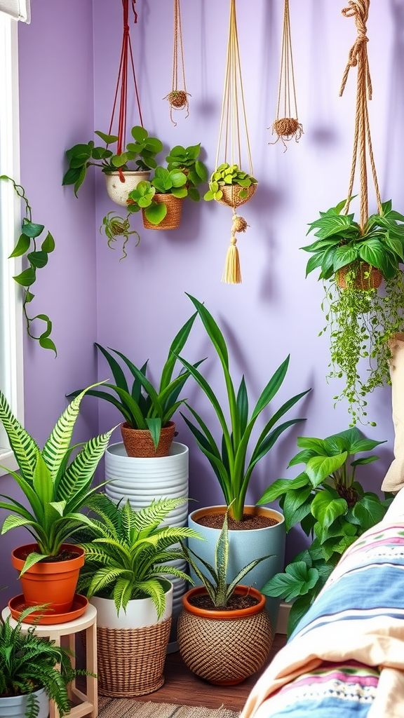 An arrangement of various indoor plants in colorful pots against a purple wall.