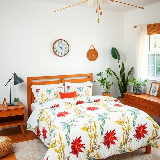 A beautifully decorated bedroom featuring botanical print bedding with vibrant flowers.