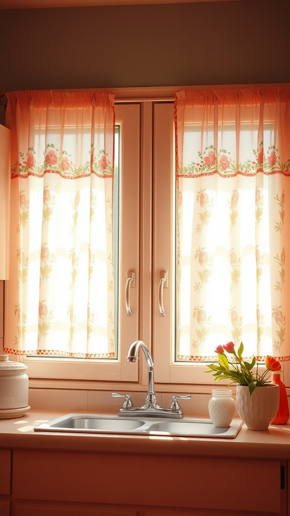 A 1950s kitchen with light, floral curtains over a sink, creating a bright and cheerful atmosphere.