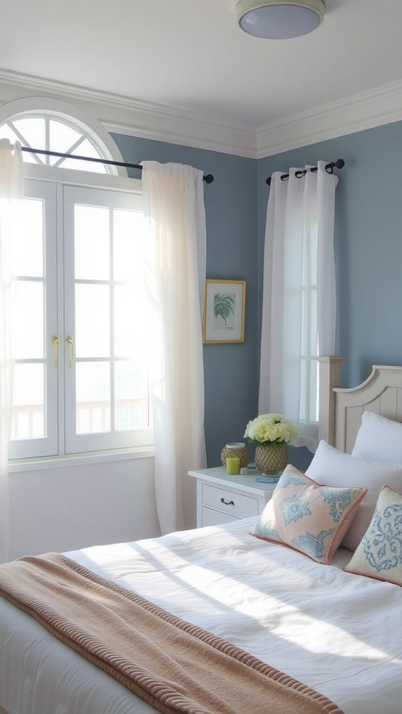 Bright bedroom with sheer curtains and light-colored decor