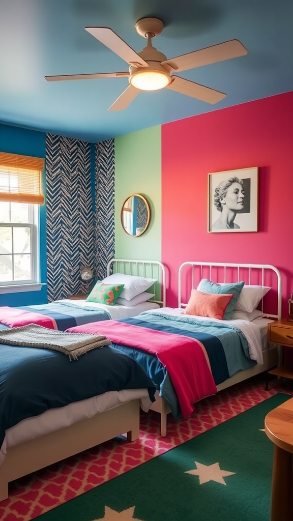 A vibrant bedroom featuring bright accent walls in pink, green, and blue, with colorful bedding and decor.