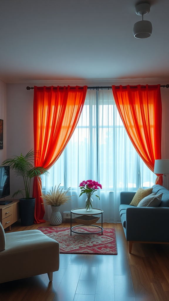 A bright living room with orange curtains, a cozy couch, and a decorative coffee table.