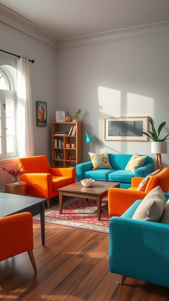 A colorful living room featuring teal and orange furniture, with a bright atmosphere and playful decor.