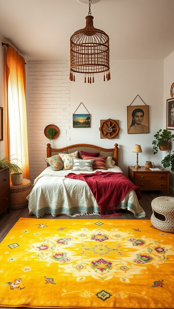 A cozy bedroom featuring a bright yellow area rug with floral designs.