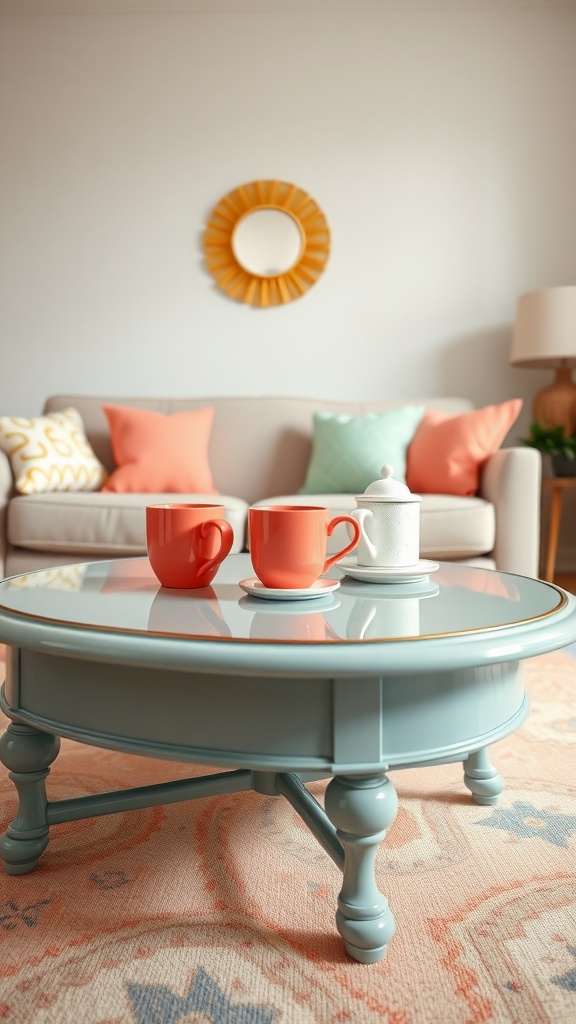 Cozy living room with coral coffee mugs on a round table