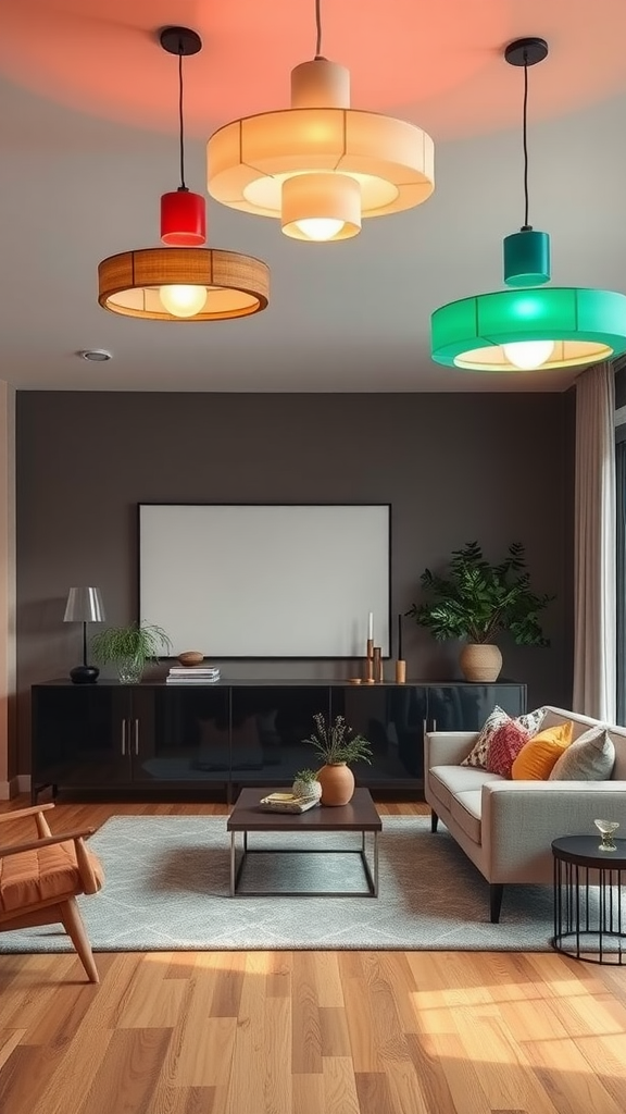 A vibrant living room with colorful hanging light fixtures.