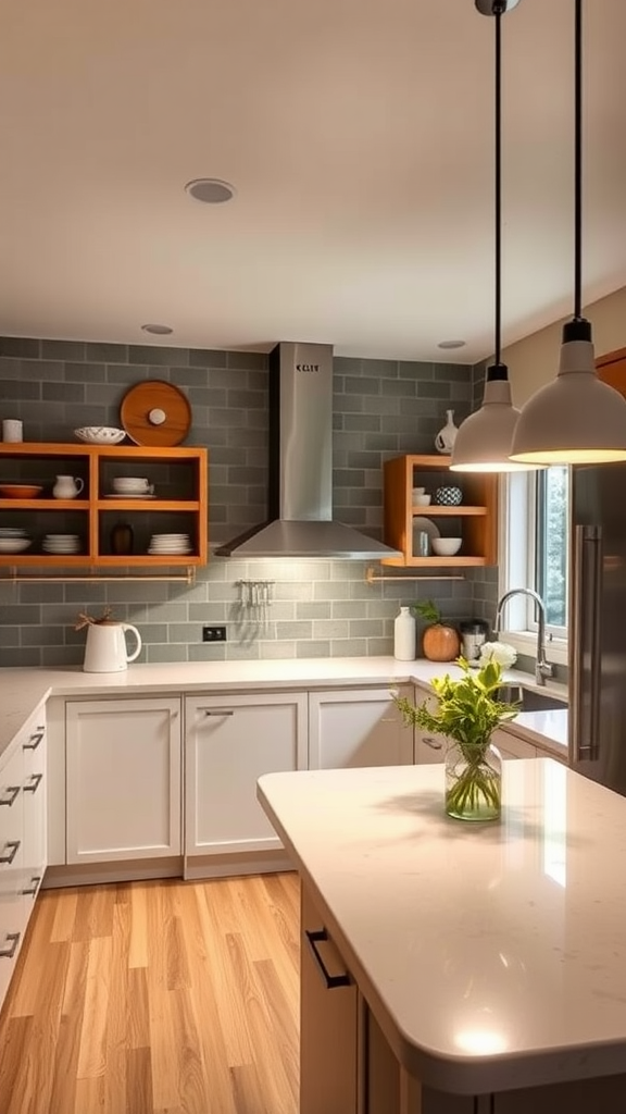 A modern kitchen featuring bright pendant lights above an island, with a sleek design and stylish decor.