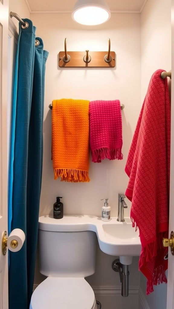 A small bathroom featuring vibrant towels hanging on hooks, with a colorful shower curtain and modern fixtures.