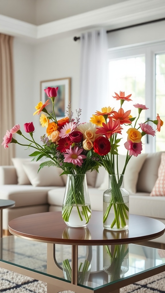 Bright and colorful flower arrangements on a coffee table in a living room.