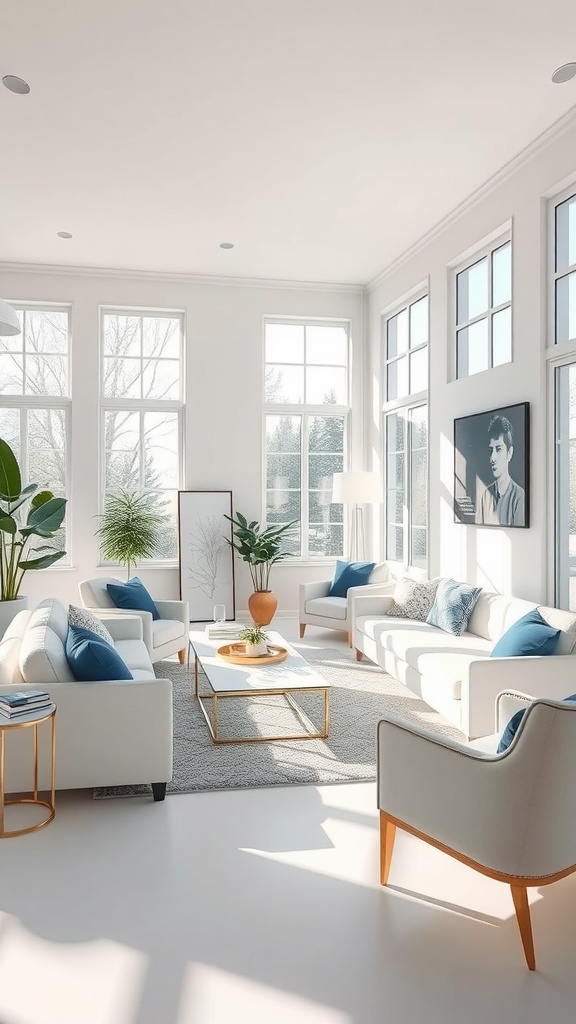 Bright blue and white living room with large windows allowing natural light.