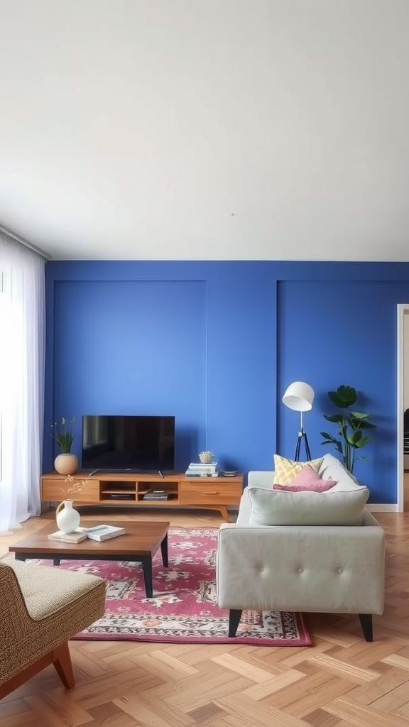 A modern living room with a bright blue accent wall, stylish furniture, and a patterned rug.