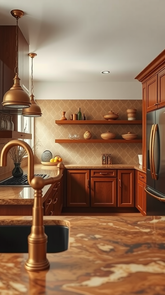 A stylish kitchen featuring bronze fixtures and accents, with wooden cabinets and a marbled countertop.