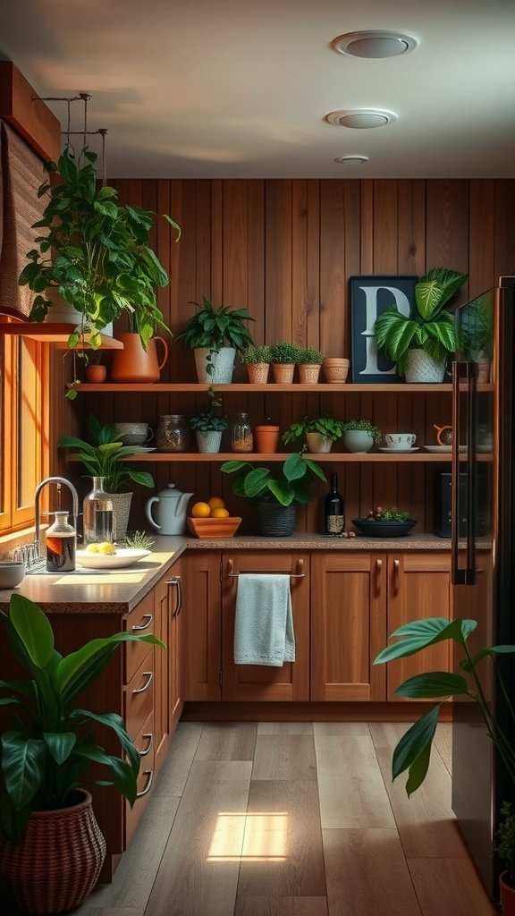 A cozy brown kitchen filled with various green plants and wooden elements.