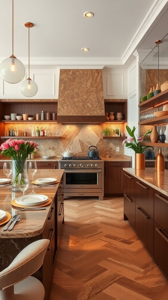 A modern kitchen featuring brown marble accents on countertops and backsplash, with warm wooden cabinets and elegant lighting.