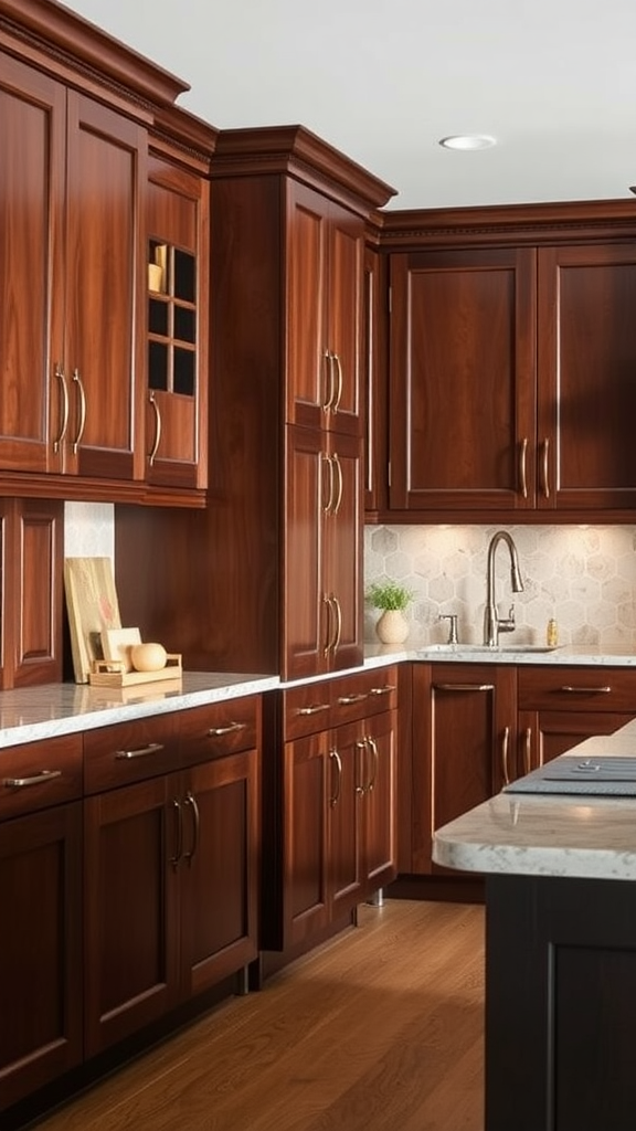 A stylish brown kitchen featuring brushed bronze hardware.