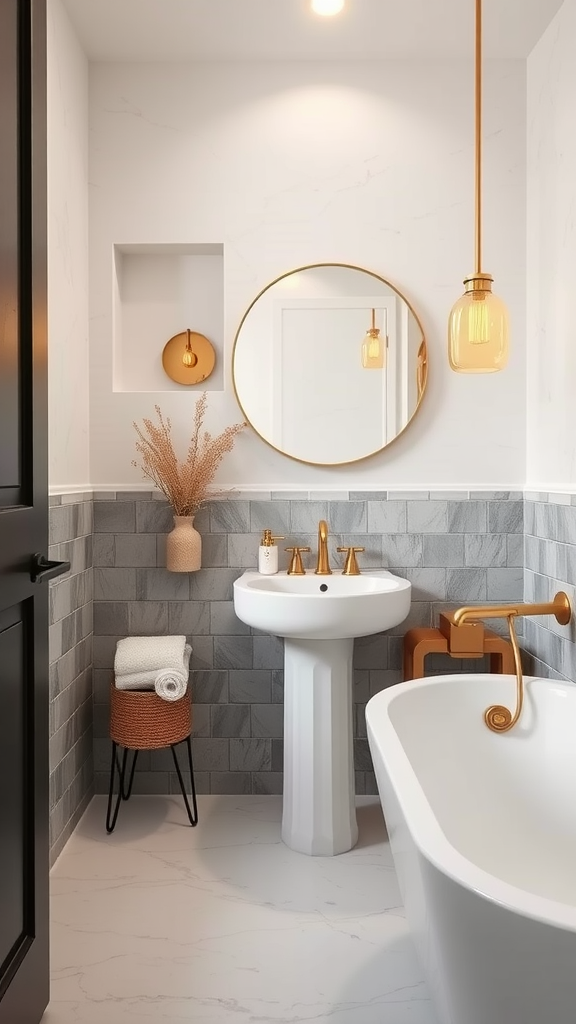 A stylish bathroom featuring brushed gold accessories, including a faucet and light fixtures.