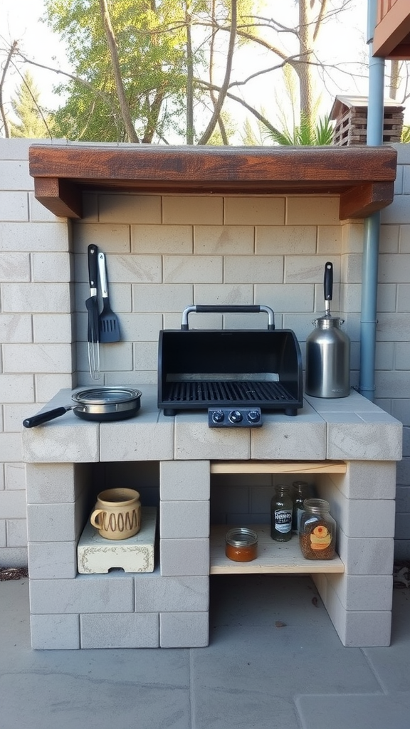 A budget-friendly outdoor grill station made from cinder blocks and wood.