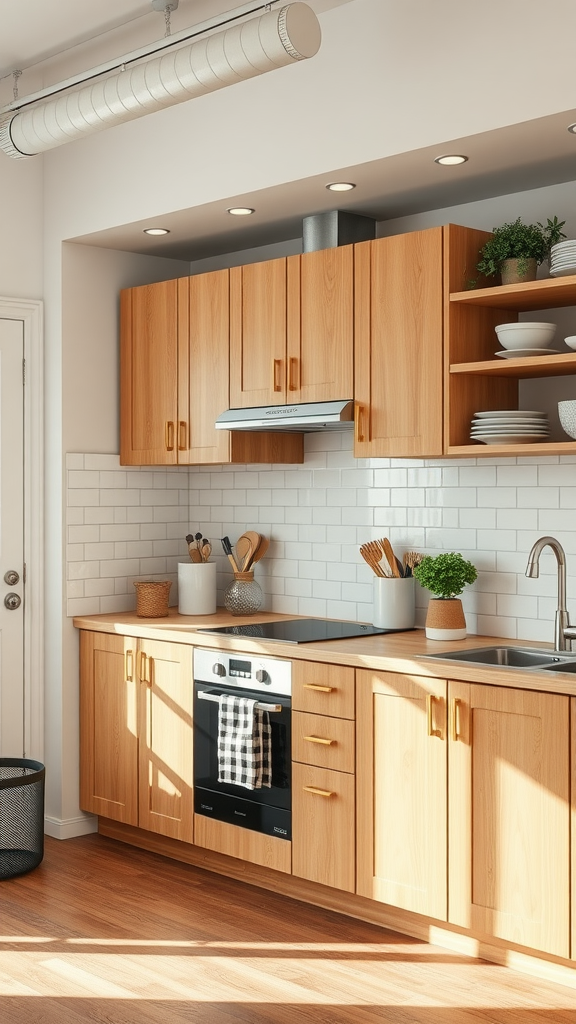 A modern kitchen featuring lightwood cabinets with a contemporary design.