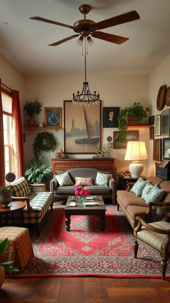 A cozy vintage boho living room featuring a red area rug, vintage furniture, and decorative plants.