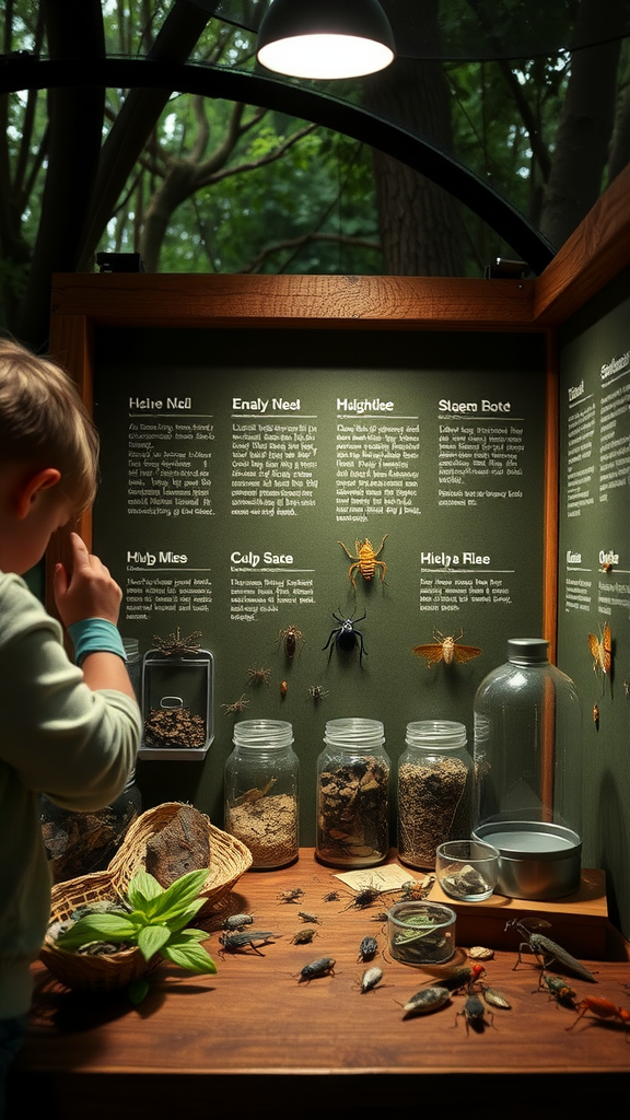 A child observing a bug display with jars and information about various insects.