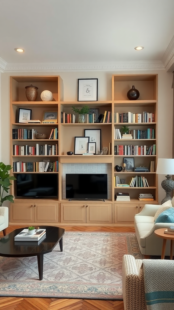 Cozy living room with built-in bookshelves filled with books and decorative items