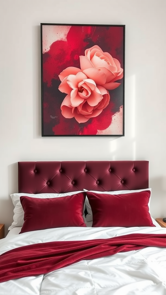 Burgundy-themed artwork featuring pink roses on the wall above a burgundy upholstered headboard with matching pillows.