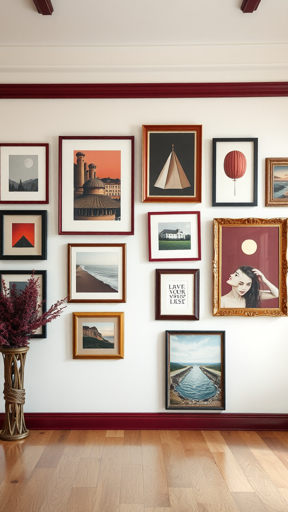 A gallery wall featuring a variety of framed artwork, including landscapes and portraits, against a white wall with burgundy accents.