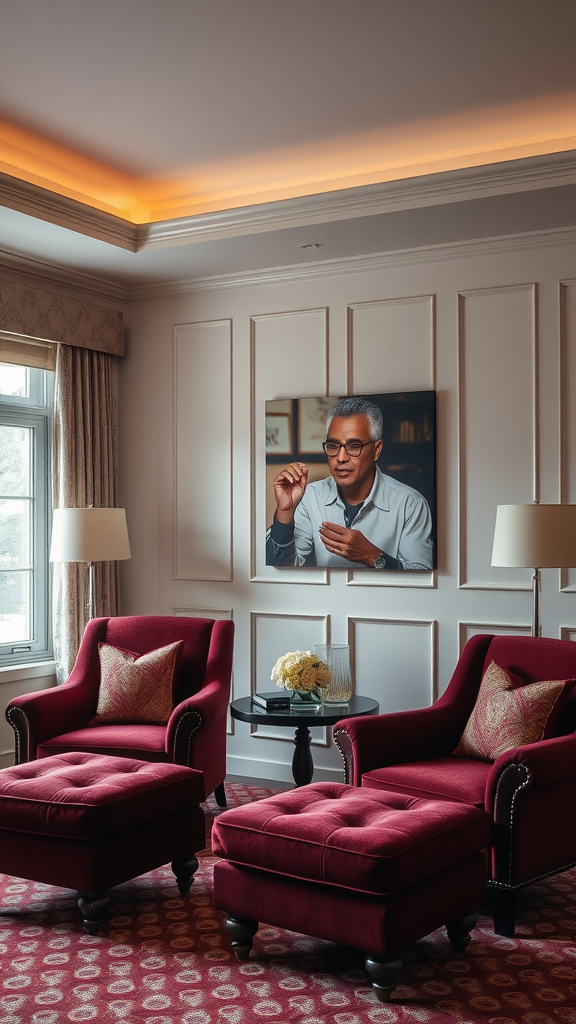 Luxurious burgundy accent chairs and ottomans in a stylish bedroom