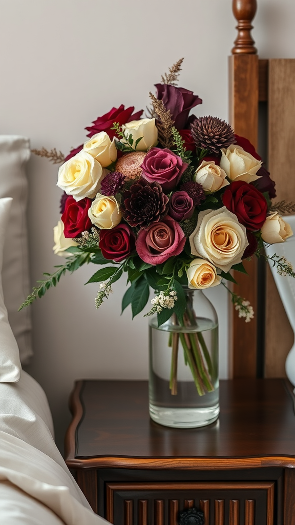 A beautiful bouquet of burgundy and cream roses on a nightstand.