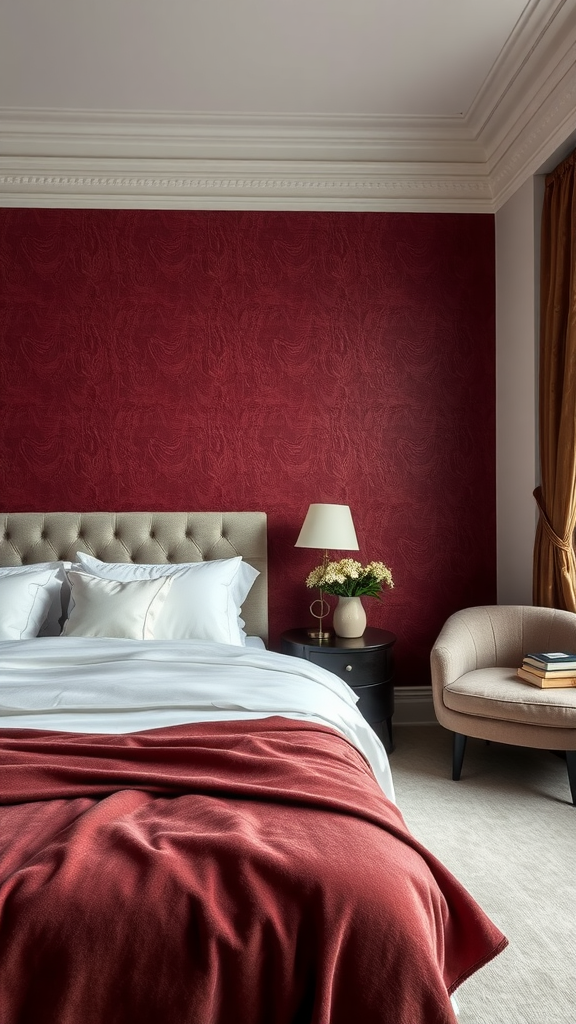 A luxurious burgundy bedroom featuring textured wallpaper, a cozy bed with a burgundy throw, and elegant decor.