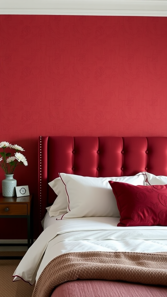 A burgundy upholstered headboard with tufted design in a stylish bedroom setting