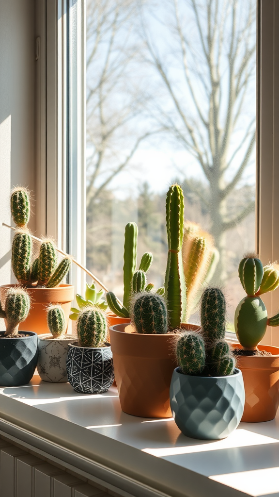 A variety of cacti and succulents arranged on a windowsill.