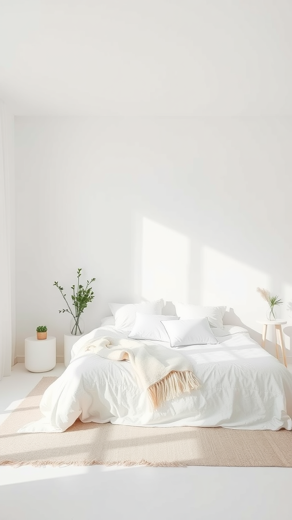 A minimalist bedroom featuring a white bed, soft blankets, and a simple plant.