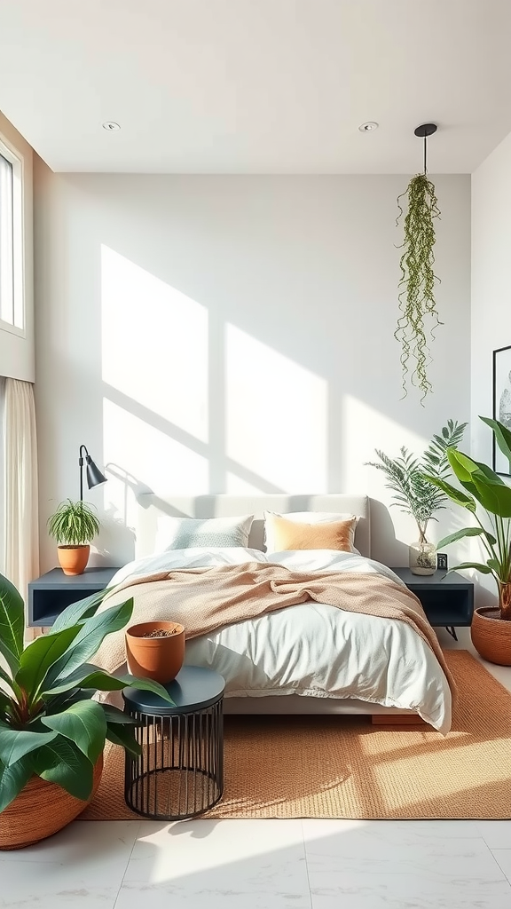 A well-decorated luxury master bedroom with plants, soft bedding, and natural light.