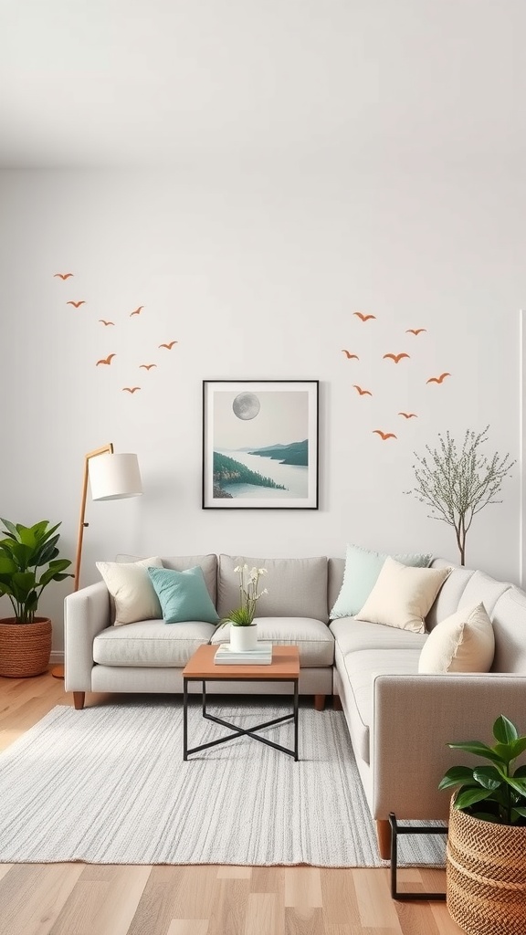 A cozy living room featuring pastel wall decals of birds and a serene landscape painting.