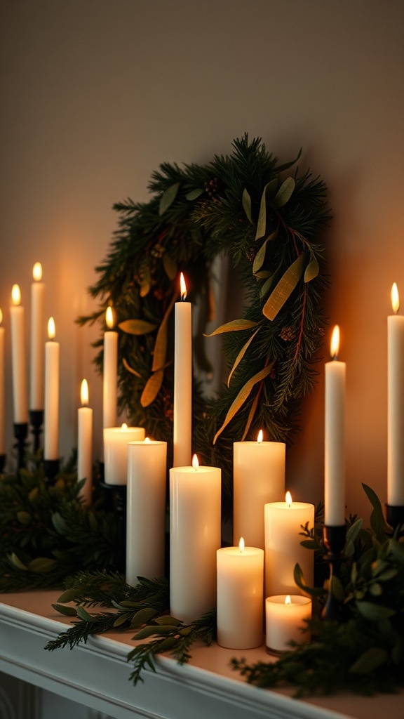 A beautifully decorated mantle with various candles and a wreath, creating a cozy atmosphere.