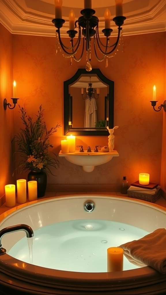 A warm-toned bathroom with candles surrounding a bathtub, creating a cozy atmosphere.