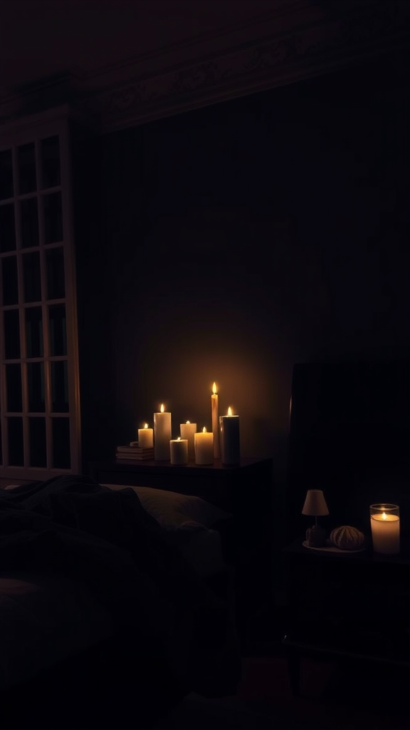 A dimly lit room with several candles on a table beside a bed, creating a relaxing atmosphere.