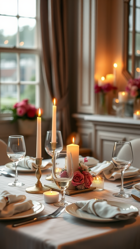 A beautifully set dining table with candles, flowers, and soft lighting creating an intimate atmosphere.