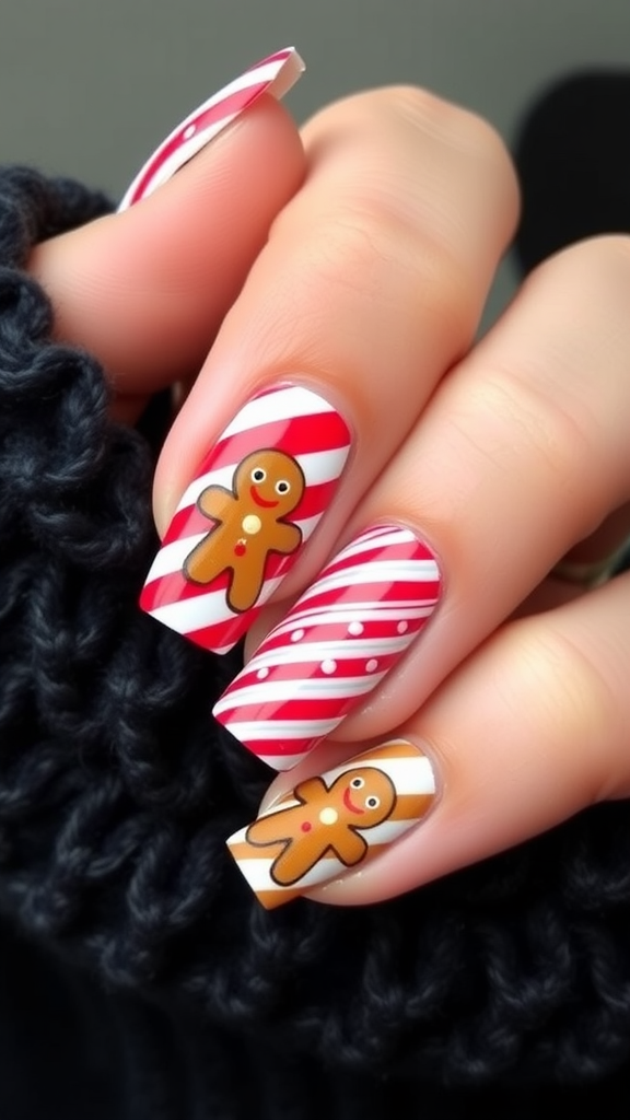 Festive nails featuring candy cane stripes and gingerbread designs.