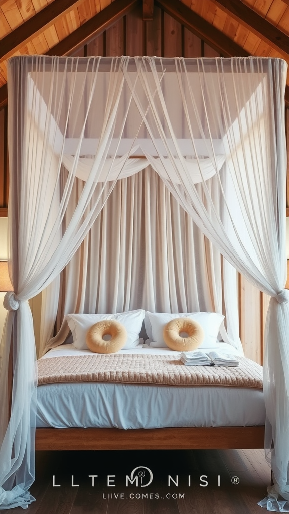 A cozy canopy bed with sheer drapes, featuring plush pillows and a warm blanket.