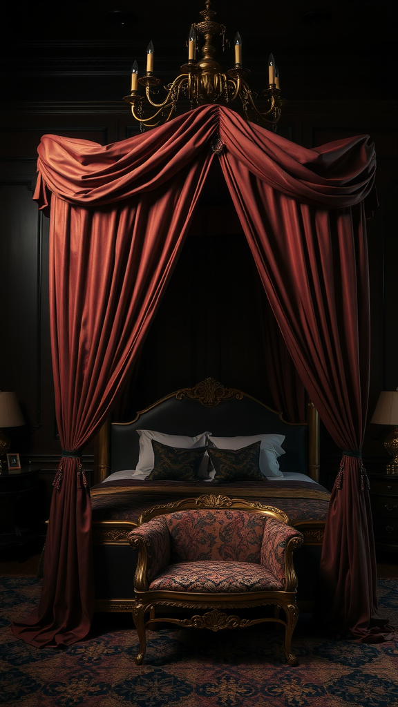 A luxurious canopy bed with rich drapes and an ornate chandelier.