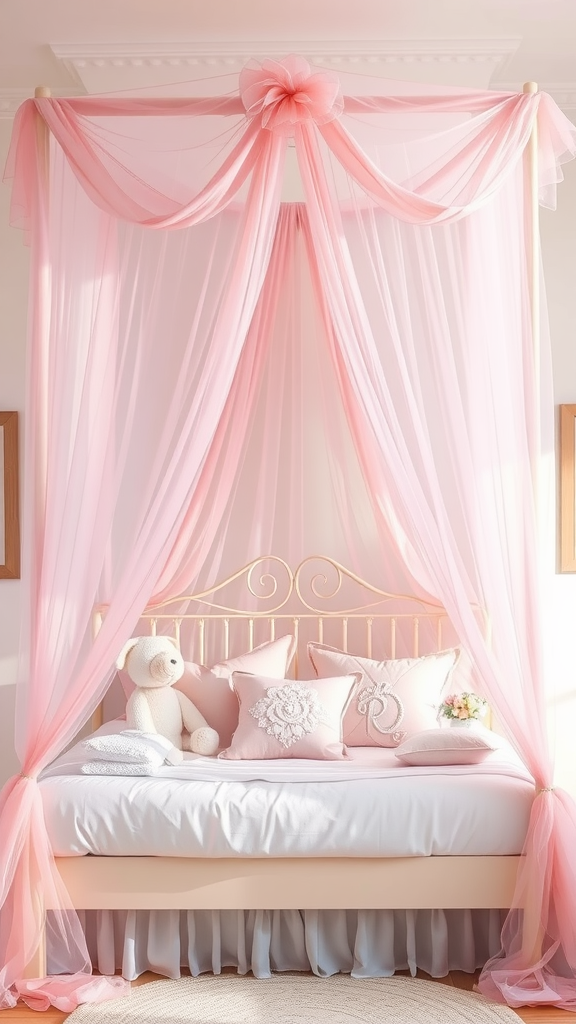 A cozy canopy bed with pink tulle draping and fluffy pillows, featuring a teddy bear.