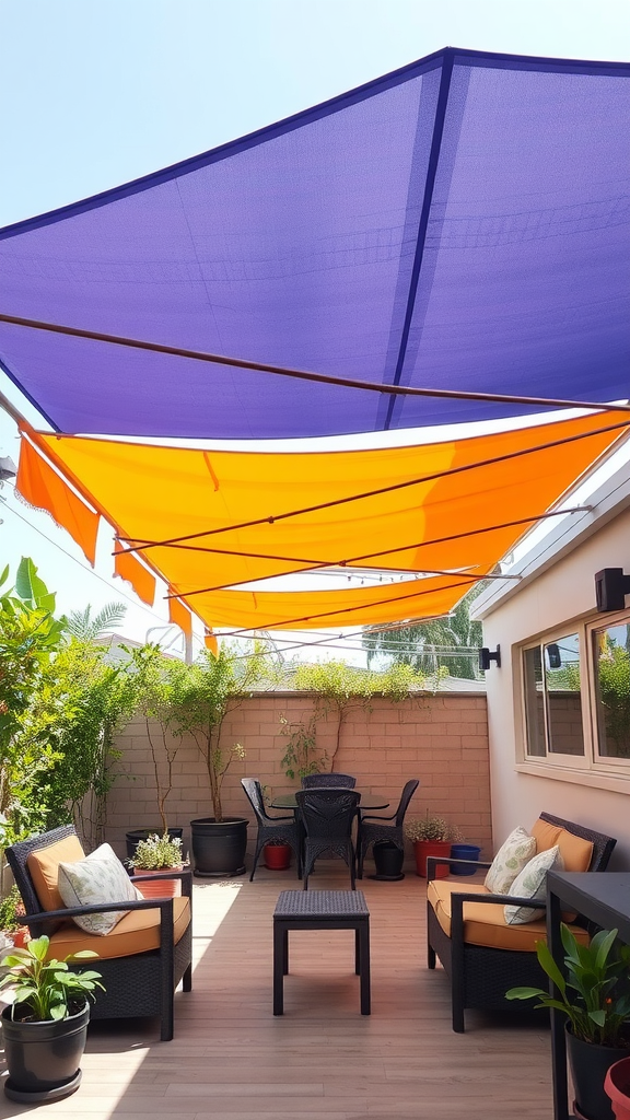 A colorful canvas canopy providing shade over a cozy outdoor seating area.